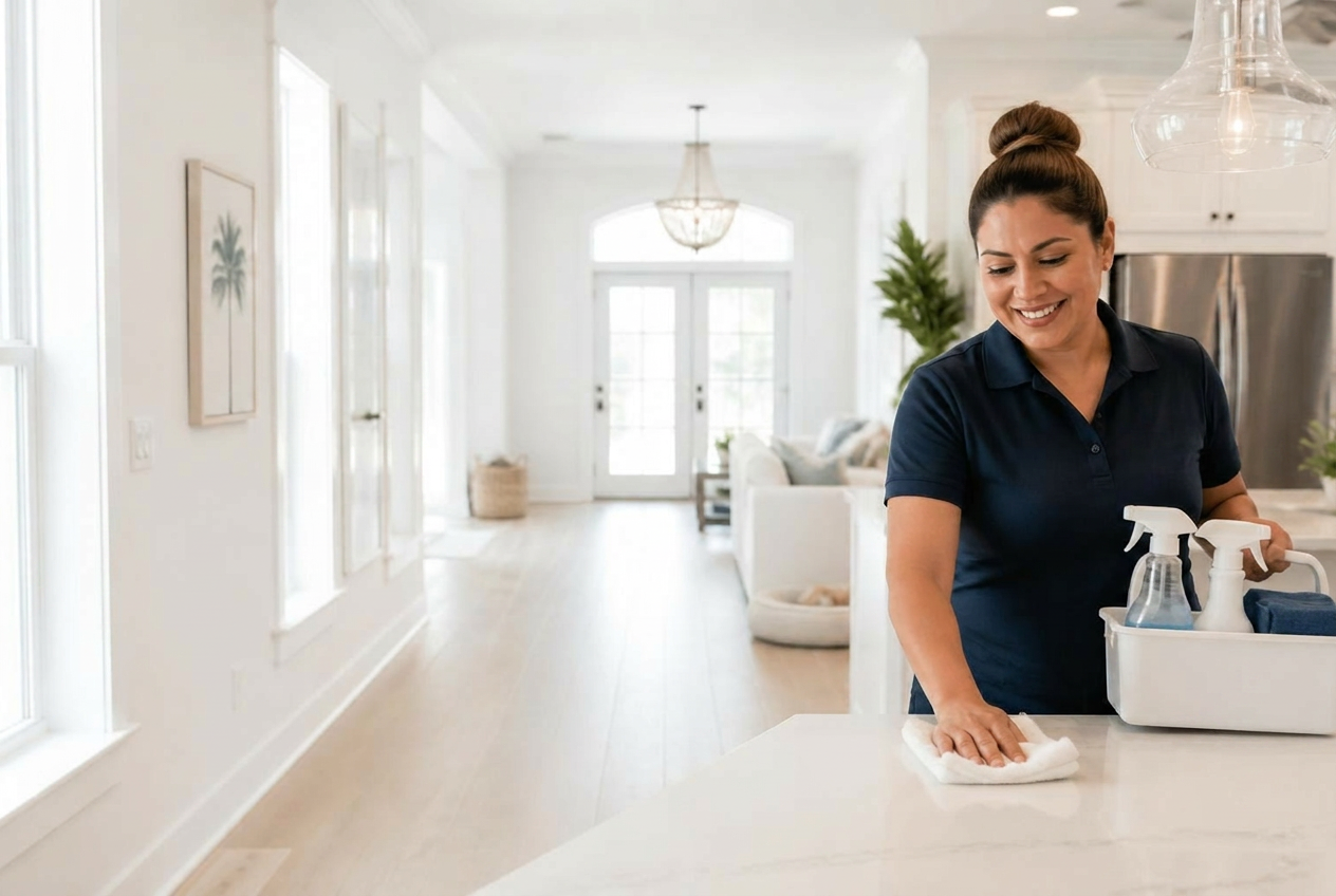 Professional T&S Cleaning team member wiping a kitchen counter inside a bright, modern Palm Beach County home